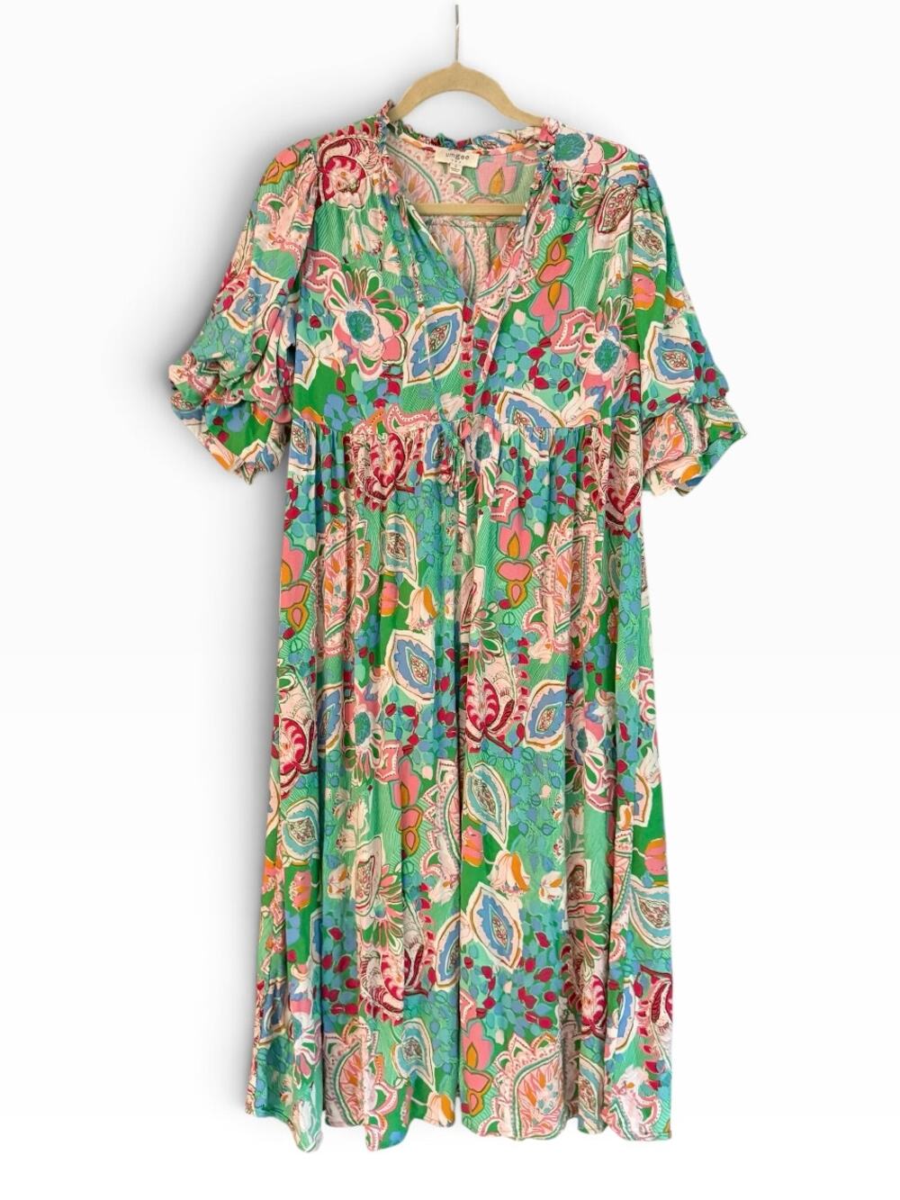 Umgee S Green Floral Paisley Maxi Dress Boho Ruffle Sleeve V Neck Flowy